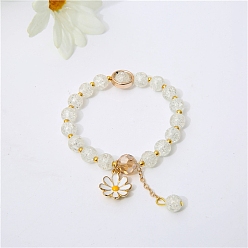 Clear Glass Round Beaded Stretch Bracelets, with Alloy Enamel Daisy Flower Charms, Clear, Inner Diameter: 2-3/8 inch(6cm)