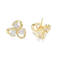 Real 18K Gold Plated Clear Cubic Zirconia Flower Stud Earrings, Brass Jewelry for Women, Nickel Free, Real 18K Gold Plated, 14x15mm, Pin: 0.7mm