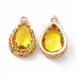 Sunflower K9 Glass Pendants, Teardrop Charms, Faceted, with Light Gold Tone Brass Edge, Sunflower, 19.5x12.5x5.5mm, Hole: 1.8mm