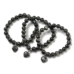 Larvikite 8.5круглые эластичные браслеты из натурального ларвикита диаметром мм, Женские браслеты с подвесками в виде сердечек с латунными дужками, внутренний диаметр: 2-1/8 дюйм (5.5 см)