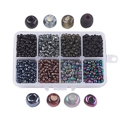 Black 6/0 Glass Seed Beads, Mixed Style, Round, Black, 4x3mm, Hole: 1mm, about 1900pcs/box, Packaging Box: 11x7x3cm