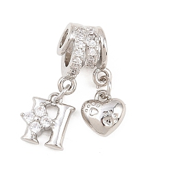 Letter H Латунные микропаве прозрачные подвески с фианитом, сердце прелести, долговечный, стойки покрытие, без кадмия и без свинца, платина, Письмо ч, 24 мм, отверстия : 3 mm и 4 мм, Сердце: 8.5x8x3.5 mm, Письмо: 10x9x3.5 мм