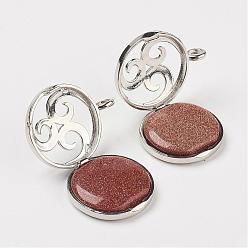 Goldstone Synthetic Goldstone Pendants, with Brass Diffuser Locket Findings, Flat Round, 31x26x8mm, Hole: 4mm