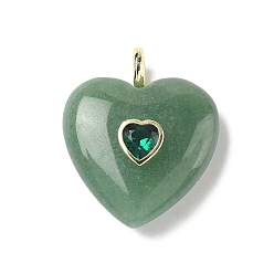 Зеленый Авантюрин Естественный зеленый авантюрин подвески, Подвески в форме сердца с фурнитурой из кубического циркония, инкрустированной латунью., золотые, 30.5~31x25.5x10.5 мм, отверстие : 4 мм