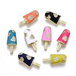 Mixed Color Brass Micro Pave Clear Cubic Zirconia Pendants, with Enamel, Cadmium Free & Nickel Free & Lead Free, Real 16K Gold Plated, Ice Cream with Word Happy, Mixed Color, 20x8.5x3.5mm, Hole: 3.5x2mm