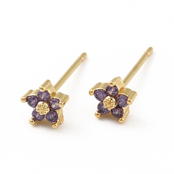 Medium Purple Cubic Zirconia Flower Stud Earrings, Real 18K Gold Plated Brass Jewelry for Women, Cadmium Free & Lead Free, Medium Purple, 15x5x5mm, Pin: 0.7mm