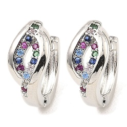 Platinum Brass with Colorful Cubic Zirconia Hoop Earrings, Hollow Horse Eye, Platinum, 15x7.5x16mm