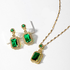 Green Brass Micro Pave Cubic Zirconia Jewelry Sets for Women, Dangle Stud Earring & Pendant Necklaces, Rectangle, Real 18K Gold Plated, Green, 15-3/4 inch(40cm) & 30x15mm