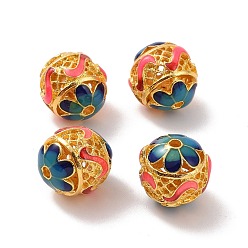 Deep Pink Hollow Alloy Beads, with Enamel, Round with Flower, Matte Gold Color, Deep Pink, 14mm, Hole: 2mm
