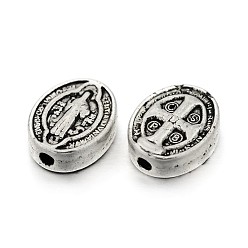 Antique Silver Tibetan Style Alloy Oval Beads, with Jesus and Cross, For Easter, Lead Free & Cadmium Free, Antique Silver, 10x8x3mm, Hole: 1mm
