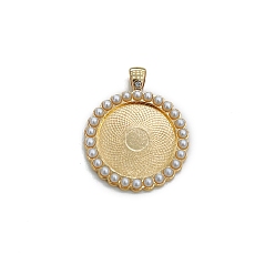 Golden Alloy with Imitation Pearl Pendants Cabochon Settings, Flat Round, Golden, 25mm