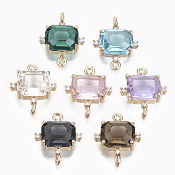 Mixed Color Glass Links connectors, with Brass Micro Pave Cubic Zirconia, Faceted, Cuboid, Light Gold, Mixed Color, 17.5x14x5.5mm, Hole: 1.2mm