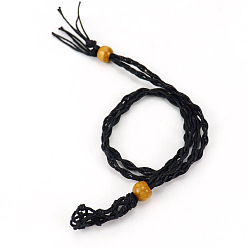 Black Adjustable Braided Cotton Cord Macrame Pouch Necklace Making, Interchangeable Stone, with Wood Bead, Black, 27-1/2 inch(700mm)