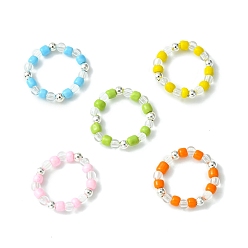 Mixed Color Acrylic & Glass Seed Beaded Stretch Rings for Women, Mixed Color, US Size 12 1/4(21.5mm)