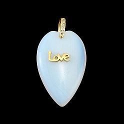 Опал Opalite подвески, Подвески в форме сердца с 304 застежкой из нержавеющей стали с надписью «Любовь» и латунными микропаве из прозрачных кубических цирконий., золотые, 38x25x10 мм, отверстие : 6.5x7 мм