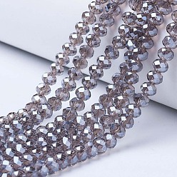 Gray Electroplate Glass Beads Strands, Pearl Luster Plated, Faceted, Rondelle, Gray, 4x3mm, Hole: 0.4mm, about 123~127pcs/strand, 16.5~16.9 inch(42~43cm)