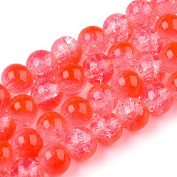 Orange Red Transparent Crackle Baking Painted Glass Beads Strands, Imitation Opalite, Round, Orange Red, 8.5x7.5mm, Hole: 1.5mm, about 107~109pcs/strand, 30.71 inch~31.30 inch(78~79.5cm)