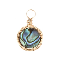 Real 18K Gold Plated Natural Abalone Shell/Paua Shell Pendants, with Copper Wire, Flat Round, Real 18K Gold Plated, 17x10.5x2.5mm, Hole: 3mm