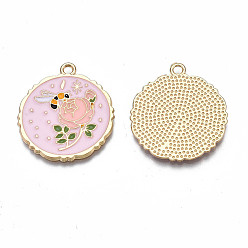 Pink Rack Plating Alloy Enamel Pendants, Cadmium Free & Nickel Free & Lead Free, Light Gold, Flat Round with Flower, Pink, 28x25x1.5mm, Hole: 1.8mm