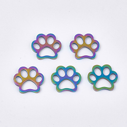 Rainbow Color Ion Plating(IP) 201 Stainless Steel Pet Filigree Joiners, Dog Paw Print, Rainbow Color, 11x12x1mm