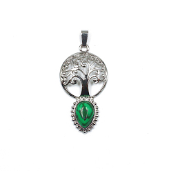 Malachite Synthetic Malachite Teardrop Pendants, Tree of Life Charms with Platinum Plated Metal Findings, 49x26mm