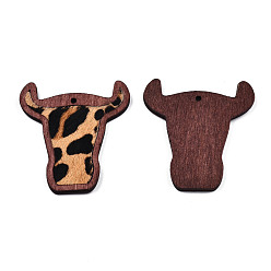Saddle Brown Eco-Friendly Cowhide Leather Big Pendants, with Dyed Wood, Cattle Head with Leopard Print Pattern, Saddle Brown, 55x50x3mm, Hole: 2mm