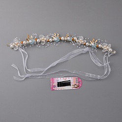 Sky Blue Wedding Party Beach Bridal Decorative Hair Accessories, Alloy Flower Headbands, with Plastic Beads, Sky Blue, 380~383x33x14mm