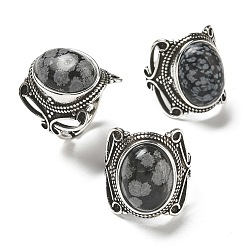 Снежный Обсидиан Регулируемые кольца из натурального обсидиана в виде снежинки, без свинца и без кадмия, старинные посеребренные латунные перстни для женщин, овальные, 20.5 мм, внутренний диаметр: 17 мм