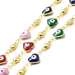 Colorful Handmade Eco-friendly Brass Enamel Heart with Evil Eye Link Chain, Real 18K Gold Plated, Lead Free & Cadmium Free, Soldered, with Spool, Colorful, 14.5x7x4mm