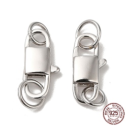 Platinum Rhodium Plated 925 Sterling Silver Lobster Claw Clasps, Rectangle with 925 Stamp, Platinum, 14.5x7x3mm