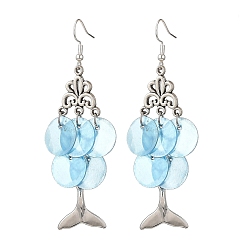 Mixed Color 304 Stainless Steel Natural Shell Fish Dangle Earrings, with Alloy Pendants, Mixed Color, 77x29mm