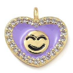 Средний Фиолетовый Стойка покрытие латунь микропаве прозрачный кубический цирконий с эмалевыми подвесками, долговечный, без свинца и без кадмия, реальный 18 k позолоченный, сердце с рисунком улыбающегося лица, средне фиолетовый, 12x11.5x2 мм, отверстие : 1.2 мм