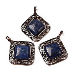 Ляпис-Лазурь Подвески в форме ромбов из окрашенного натурального лазурита, с винтажной латунной рамкой красного медного оттенка, 39x36.5x7~8 мм, отверстие : 8.5x5 мм