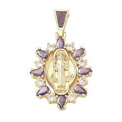 Lilac Religion Brass Pave Cubic Zirconia Pendants, with Enamel, Oval with Saint Benedict Charms, Lead Free & Cadmium Free, Long-Lasting Plated, Rack Plating, Real 18K Gold Plated, Lilac, 36mm, Pendant: 29x20x4mm, Hole: 5.5x3mm
