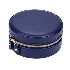 Prussian Blue Round PU Imitation Leather Jewelry Storage Zipper Boxes, Portable Travel Case with Mirror, for Necklace, Ring Earring Holder, Gift for Women, Prussian Blue, 11x5.2cm