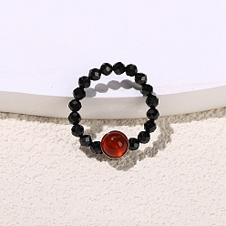 Red Agate Natural Black Spinel Beads Finger Rings, Natural Red Agate Stretch Rings for Men Women, Inner Diameter: 18mm