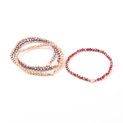 Mixed Color Electroplate Faceted Round Glass Beaded Bracelets, with Brass Heart Beads, Rose Gold, Mixed Color, Inner Diameter: 2-3/8 inch(6cm)