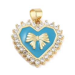Небесно-голубой Стойка металлическая латунная микропрофилированная кубическая циркония подвески, с эмалью, долговечный, без свинца и без кадмия, реальный 18 k позолоченный, сердце с бантом, голубой, 20.5x20x3.5 мм, отверстие : 5x3.5 мм