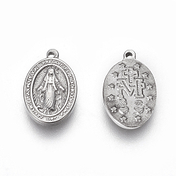 Stainless Steel Color 304 Stainless Steel Religon Charms, Oval with Virgin Mary, Stainless Steel Color, 13x8.5x1.6~1.8mm, Hole: 0.8mm