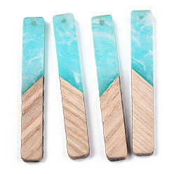 Cyan Transparent Resin & white Wood Big Pendants, Two Tone, Rectangle Charms, Cyan, 51.5x7.5x3mm, Hole: 1.8mm