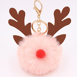 Misty Rose Christmas Deer Antler Pom-Pom Keychain with Plush Elk Charm for Women's Handbag Gift