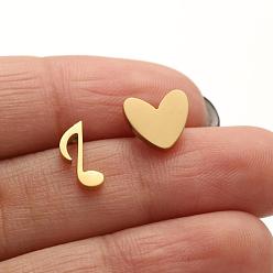 golden Asymmetric Heart Music Note Earrings for Women, Geometric and Simple Design Jewelry