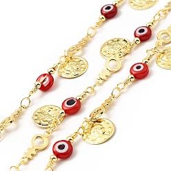 Red Glass Flat Round with Enamel Evil Eye Beaded Chains, with Real 18K Gold Plated Brass Coin Charms Chains Link Chain, Lead Free & Cadmium Free, Soldered, with Spool, Red, 19x6x3mm, 13x5x1mm