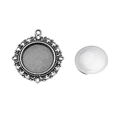 Antique Silver Pendant Making Sets, with Alloy Pendant Cabochon Settings and Glass Cabochons, Flat Round, Lead Free, Antique Silver, Tray: 20mm, 35x32x2mm, Hole: 2mm