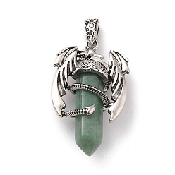 Green Aventurine Natural Green Aventurine Pointed Pendants, Faceted Bullet Charms, with Rack Plating Platinum Tone Alloy Dragon Findings, Cadmium Free & Lead Free, 39~41x24~25x13~14mm, Hole: 4x8mm