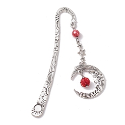 Red Alloy Moon Pendant Bookmark, Tibetan Style Alloy Hook Bookmarks, with Glass Pearl, Red, 112mm