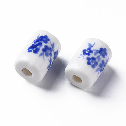Royal Blue Handmade Porcelain Beads, Famille Rose Style, Column with Flower Pattern, Royal Blue, 12.5x8.5mm, Hole: 3mm