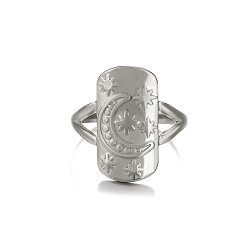 Нержавеющая Сталь Цвет Открытые манжеты из нержавеющей стали, прямоугольник с луной и звездами для женщин, цвет нержавеющей стали, размер США 8 (18.1 мм)