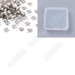 Couleur Acier Inoxydable 5 pétales de fleurs coupelles en acier lisse surface 304 inox, couleur inox, 7x7x2mm, Trou: 1mm, 200 pcs / boîte