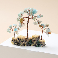 Amazonite Natural Amazonite Chips Tree of Life Decorations, Mini Resin Stump Base with Copper Wire Feng Shui Energy Stone Gift for Home Office Desktop Decoration, 80x80~100mm